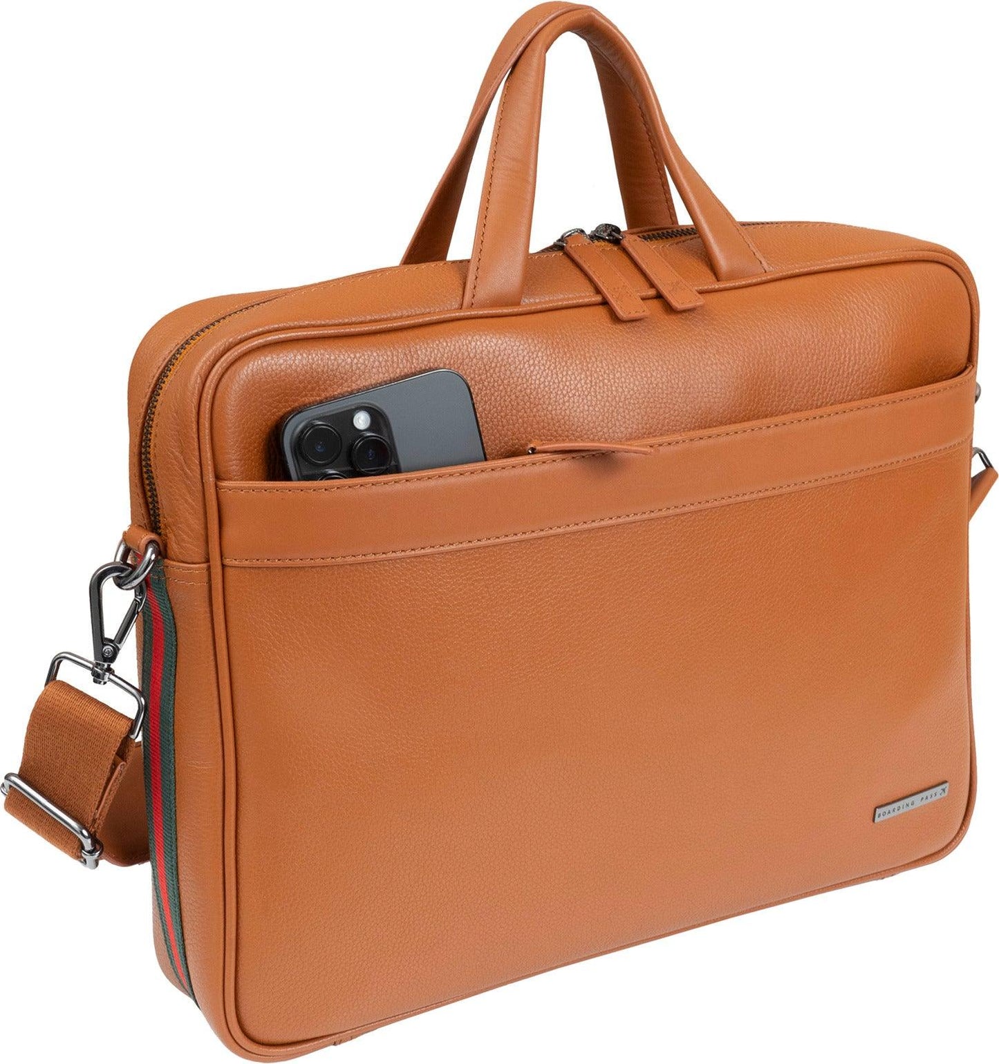 Boarding Pass Hey Handsome 18" Pebble Grain Genuine Leather Briefcase - British Tan